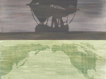 Drawing of the outline of a ship on the water on top, and map below.