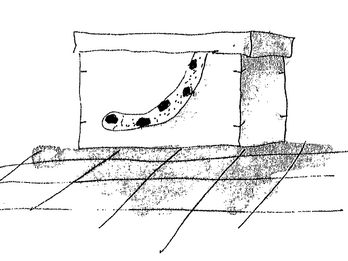 Outsider Drawing of box on floor with polka-dot tail hanging out.