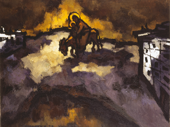Abstract painting of two figures with halos riding a donkey with a building on either side.
