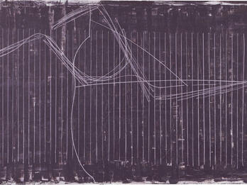 Painting featuring vertical serial lines with horizontal and tangled lines.