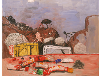 Moon Abstract landscape painting featuring a face covered by a canvas behind a table covered with paintbrushes, with hills of barren landscape and geometric shapes in background.
