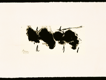 Altamira Elegy Painting featuring bold, irregular shapes in the center of canvas.