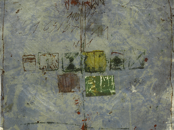 Untitled Abstract painting with nine squares in the center.
