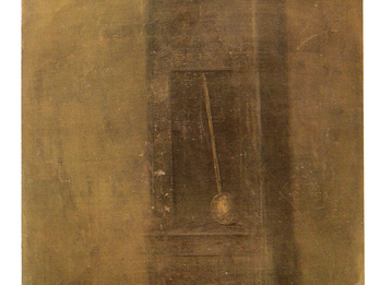 The Clock I Painting of a grandfather clock with foggy foreground.