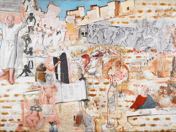 Painting of a piece of matzah featuring ancient Greek soldiers, shields, biblical figures, Greek statues, and scrolls, and buildings in the background.
