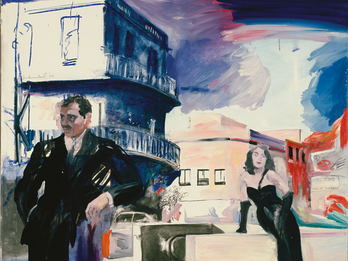 The Argument Painting depicting a man wearing suit and woman in evening gown in urban setting, with woman leaning against a low wall facing viewer and man standing in foreground with one arm resting on wall as he looks down the street away from the woman.