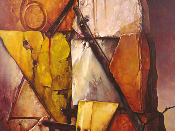 Painting of stacked stones forming a Star of David with cracks and metal, with a number 6 above the star on one of the rocks and quotation marks on another set of rocks. 