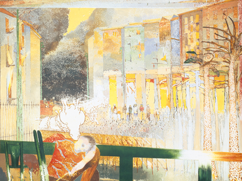 A Street in Weisswald Painting of man with head down and arm draped over bar in front of buildings and a giraffe head leaning over the wall next to his cheek.