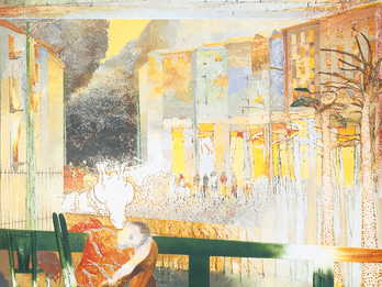 Painting of man with head down and arm draped over bar in front of buildings and a giraffe head leaning over the wall next to his cheek.