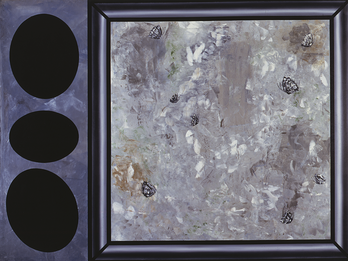 Untitled Abstract painting of three oval shapes on the left and butterflies amid thick brush strokes in a frame on the right.