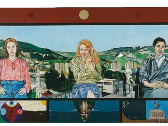 The Choice of Paris Painting depicting three women seated with buildings and hills behind them, above small set of images including cows and two suns on either side of an eye on left, a woman in triangle surrounded by snakes in center, and a building ruin with owl on right.