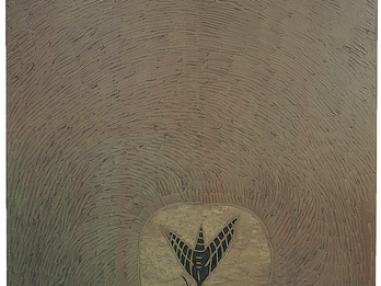 Moth Painting featuring moth inside a circle at the bottom of canvas.