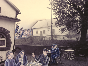 Banality of Evil/Struthof. From the series Holocaust Project: From Darkness to Light Mixed media on photolinen depicting man, woman, and guard having a drink at an outdoor table and a guard seated at another table behind them, and nude figures beaten by another guard in the background.