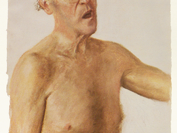 Portrait painting of shirtless man wearing glasses and looking at viewer. 