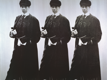 Screenprint and acrylic on canvas featuring three identical full length portraits of a figure in hat and suit. 