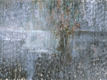 Self-Portrait at Sunset Abstract painting with thick brush strokes and a figure in the middle.