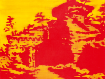 Out-of-focus painting of a ruin surrounded by trees.