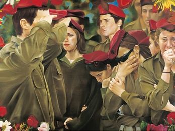 Lost Youth Painting of young men and women wearing military uniforms and berets, facing various directions with upset expressions.