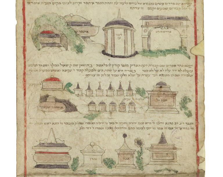 Manuscript with illustrations of tombs and Hebrew text.