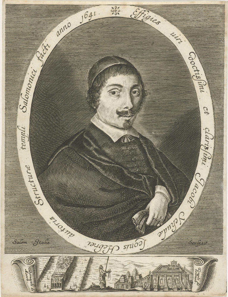 Print of man in moustache and skullcap facing viewer and holding cloth in left hand, encircled by Latin text. Beneath his portrait is an unraveled scroll with illustration of figures and large buildings.