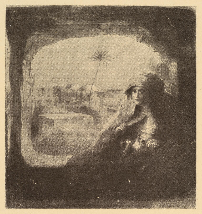 Painting of woman with headcovering framed in opening with cityscape in background.