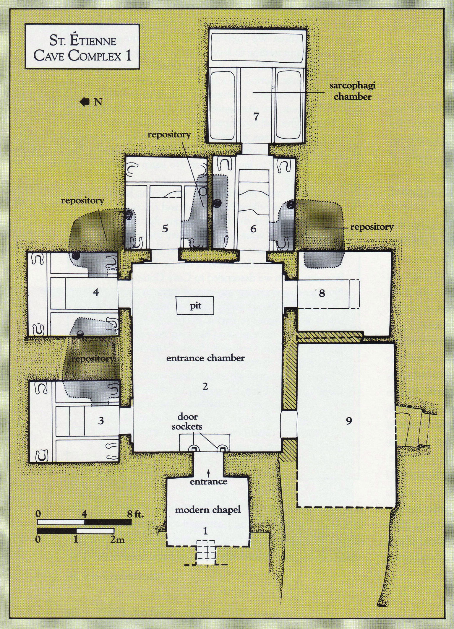 Drawing of plan of large central hall surrounded by rectangular rooms.