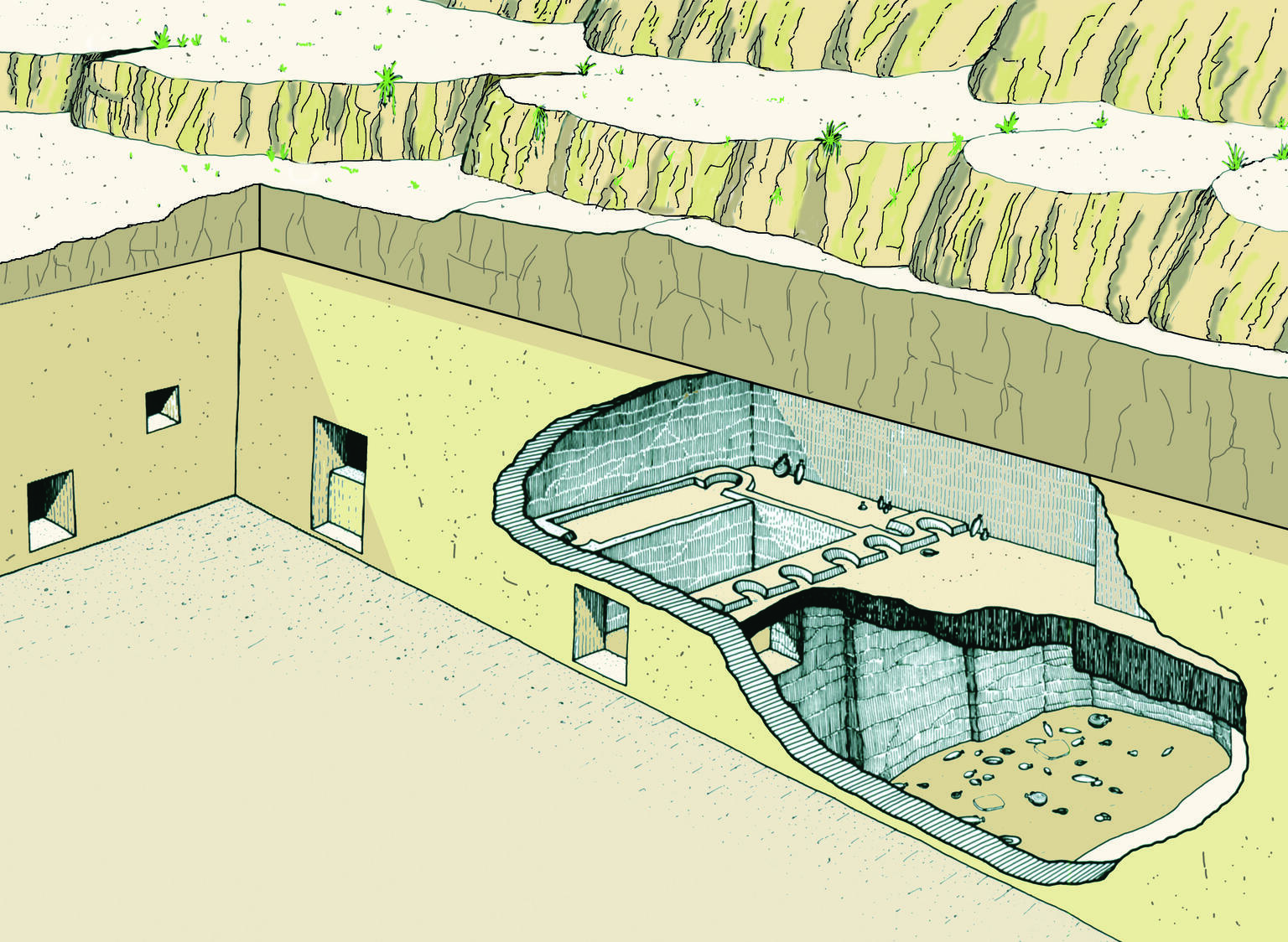 Drawing of reconstructed tomb cutout of a chamber built along hills.