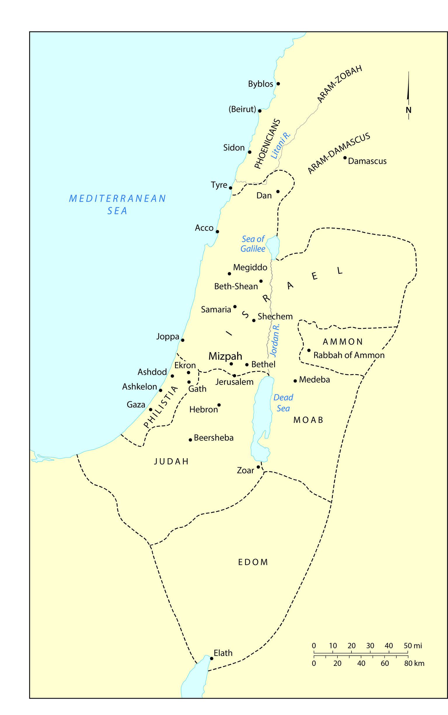 Map of Israel, Judah, and neighboring areas labeled in English. 