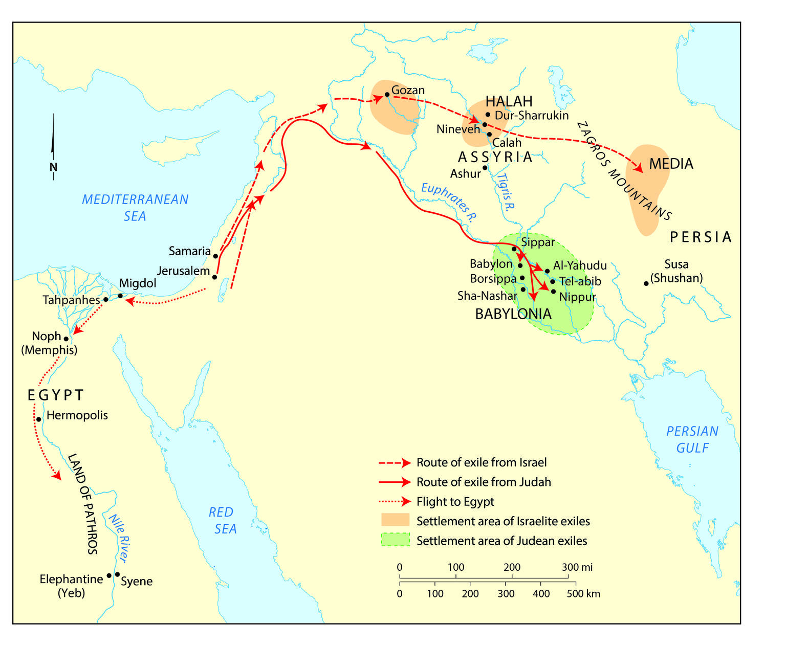 Map of exile and diaspora settlements in Egypt and the Middle East, with arrows and shading depicting route of exile from Israel, route of exile from Judah, flight to Egypt, settlement area of Israelite exiles,  and settlement area of Judean exiles, with areas labeled in English. 