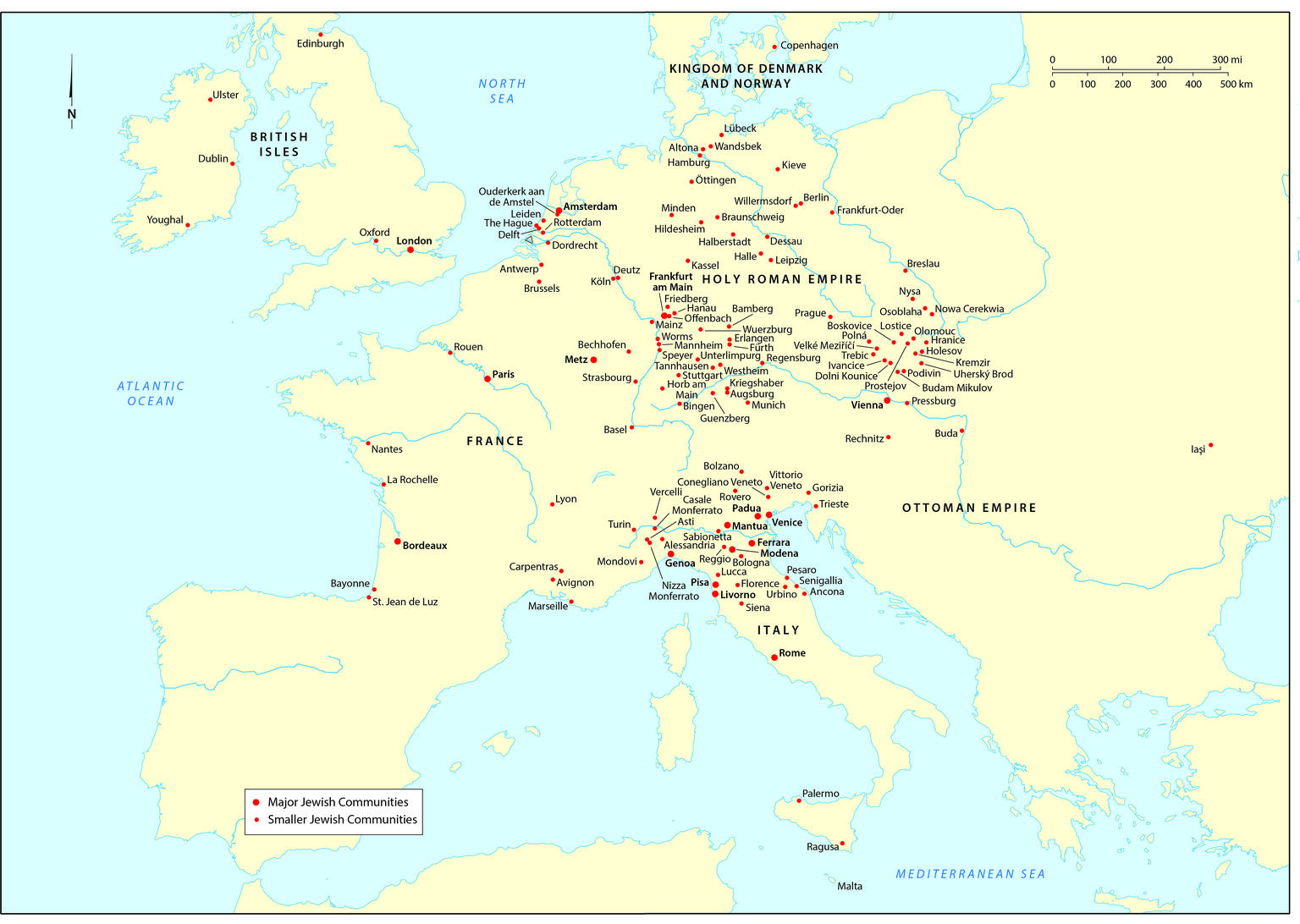 Map of Europe with cities labeled in English and noted by large or small red dots, with a legend explaining that small dots are for smaller Jewish communities and larger dots for major Jewish communities. 