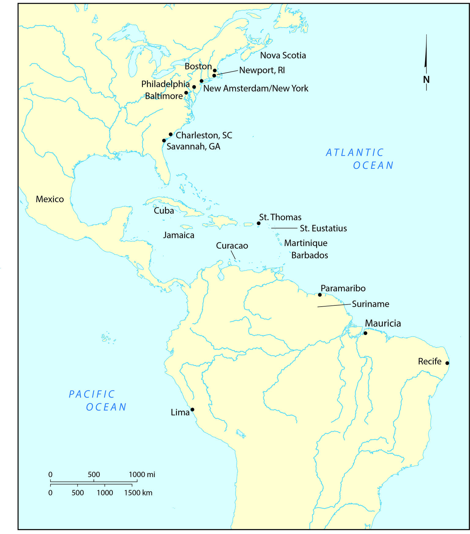 Map of the Americas with cities on the East Coast labeled. 