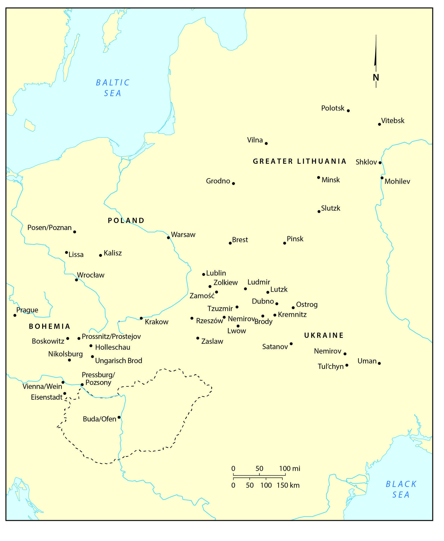 Map of Eastern Europe with cities and countries labeled. 