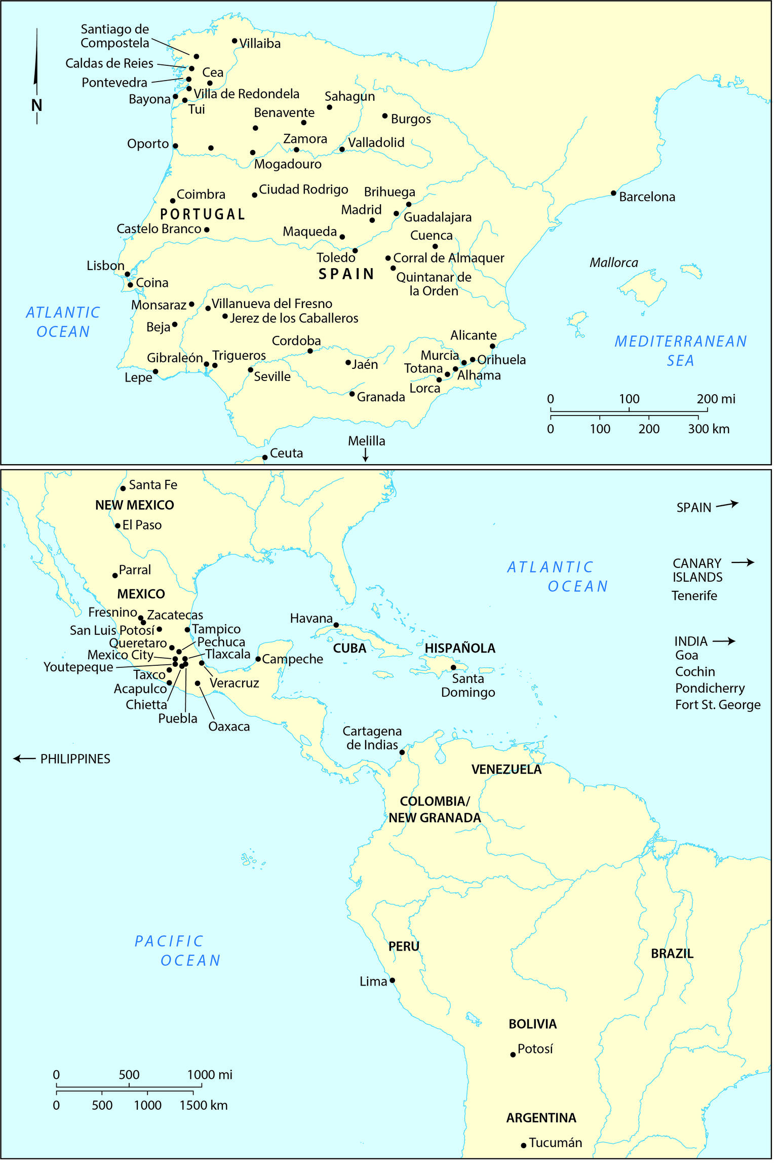 Map of Spain and Portugal on top, and Central and South America on the bottom.