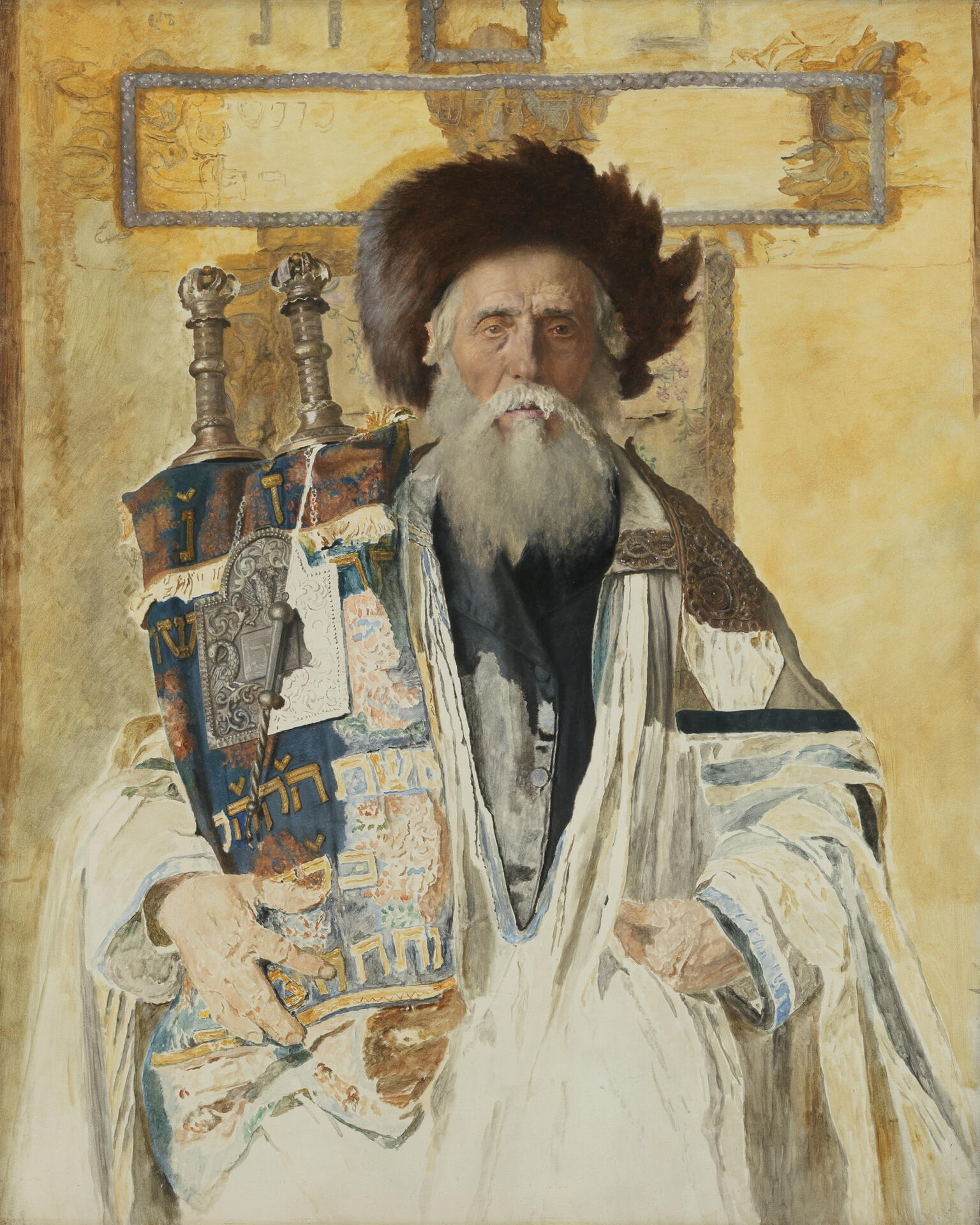 Bearded man in prayer shawl and furred hat holding Torah scroll and looking at viewer.