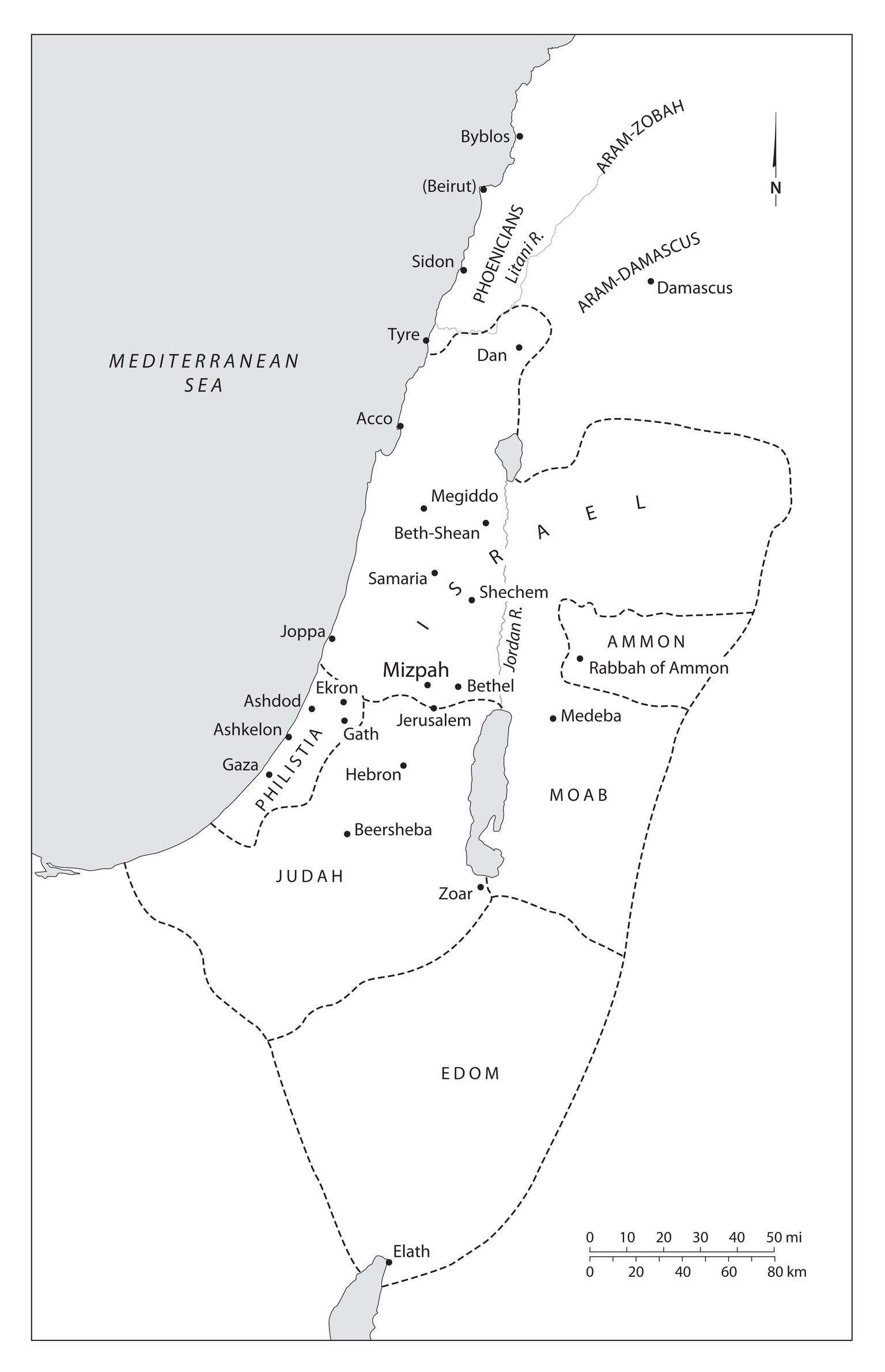 Map of Israel, Judah, and neighboring areas labeled in English. 