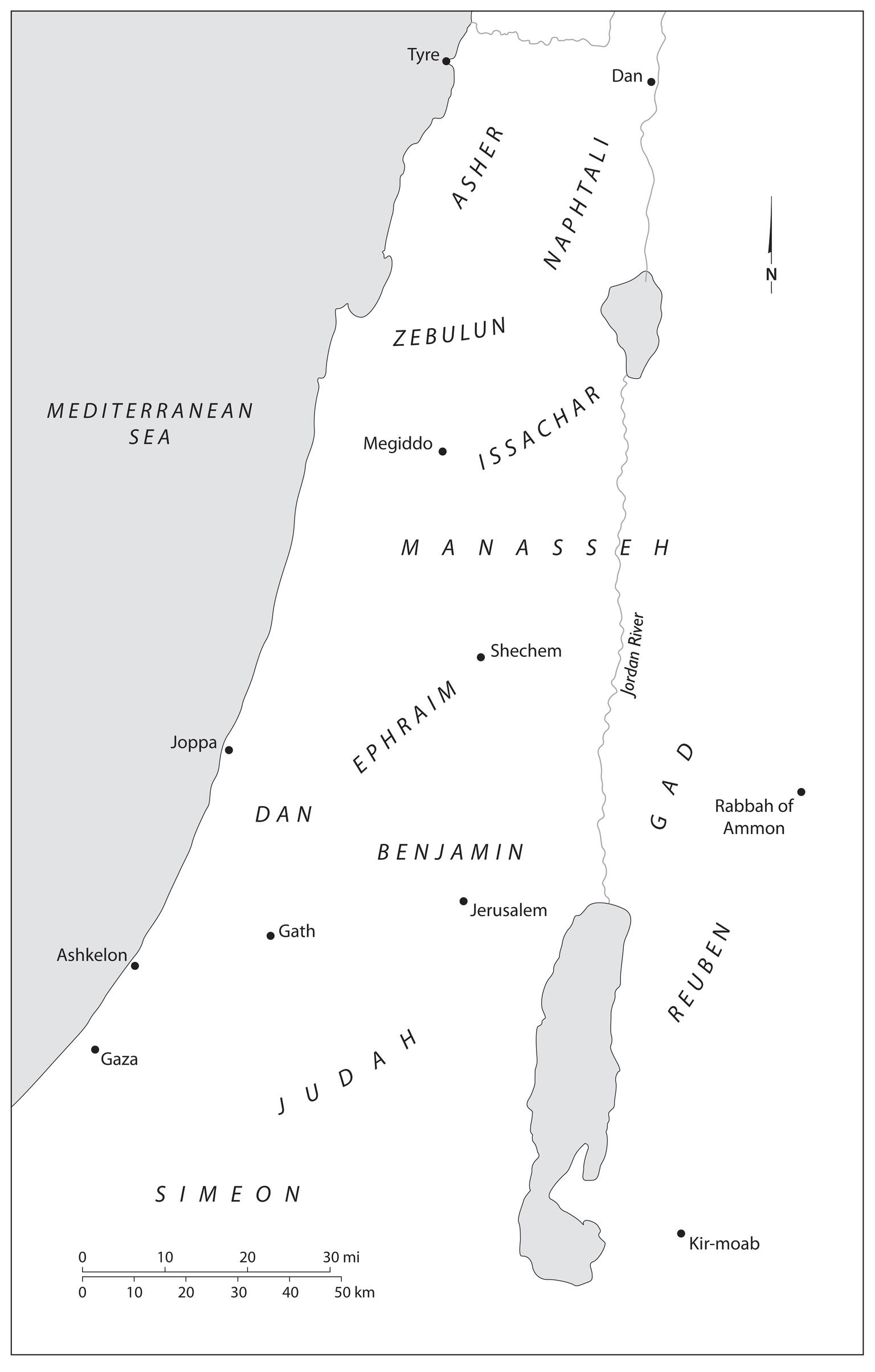 Map of twelve tribes of Israel with English name labels. 