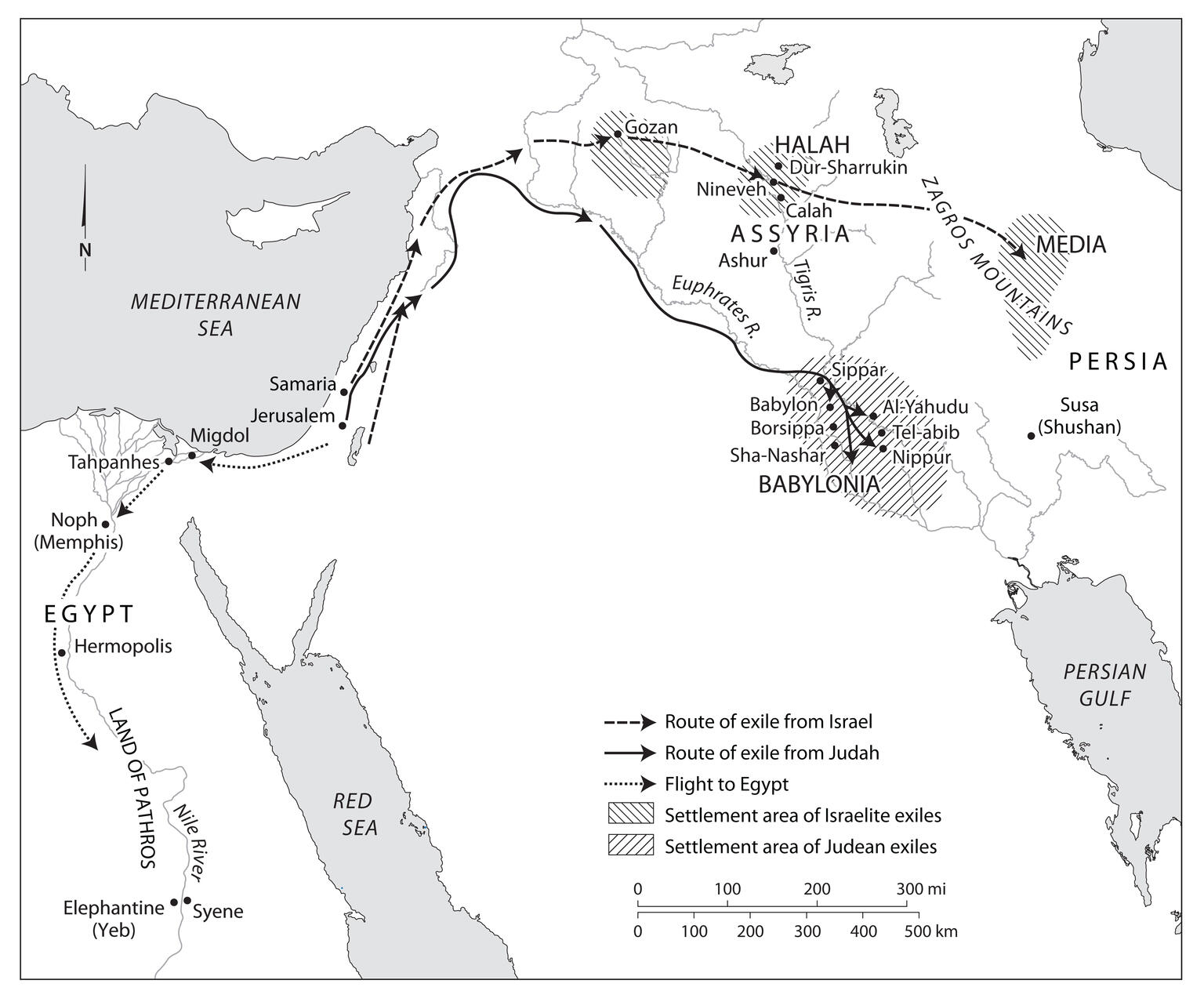 Map of exile and diaspora settlements in Egypt and the Middle East, with arrows and shading depicting route of exile from Israel, route of exile from Judah, flight to Egypt, settlement area of Israelite exiles,  and settlement area of Judean exiles, with areas labeled in English. 