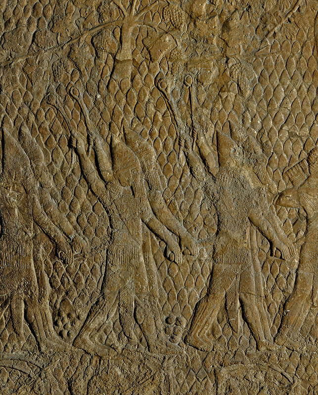 Relief with diamond pattern of people in cone-shaped hats swinging slingshots