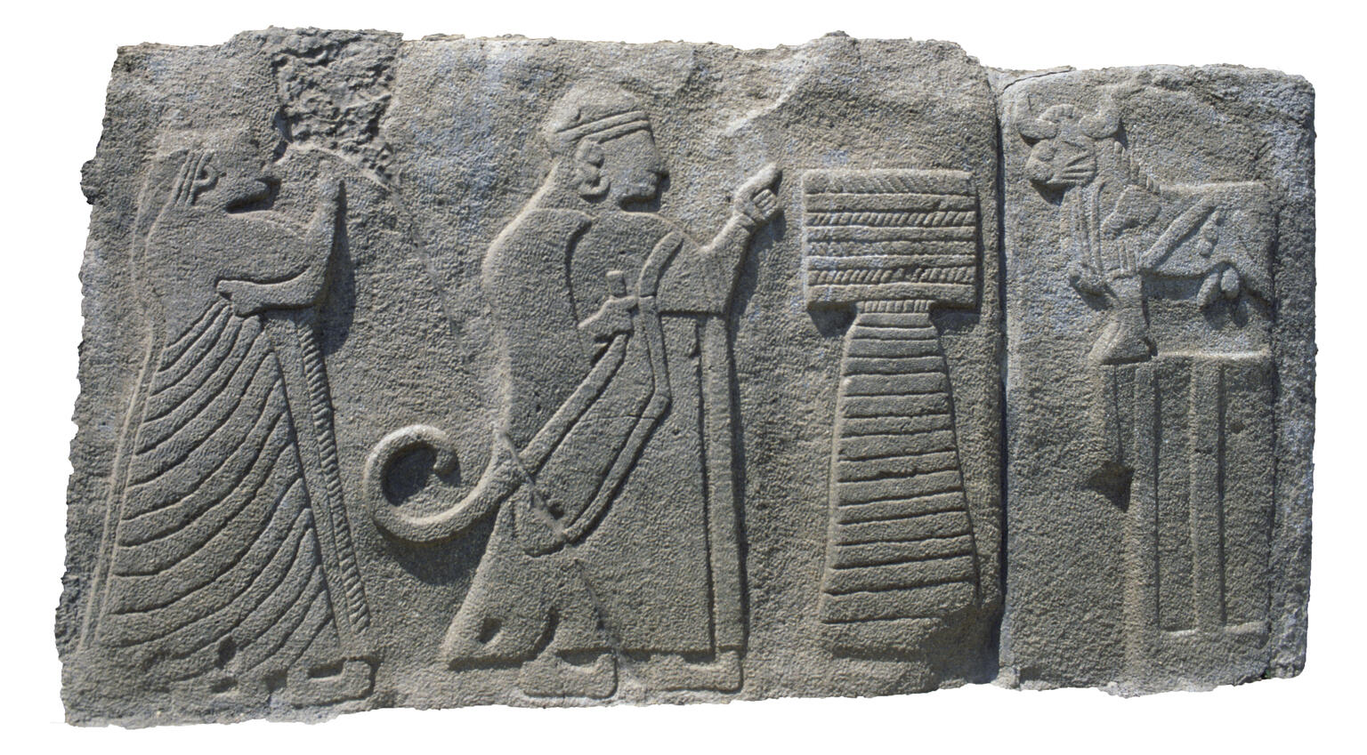 Relief with two figures in profile next to podium and bull.