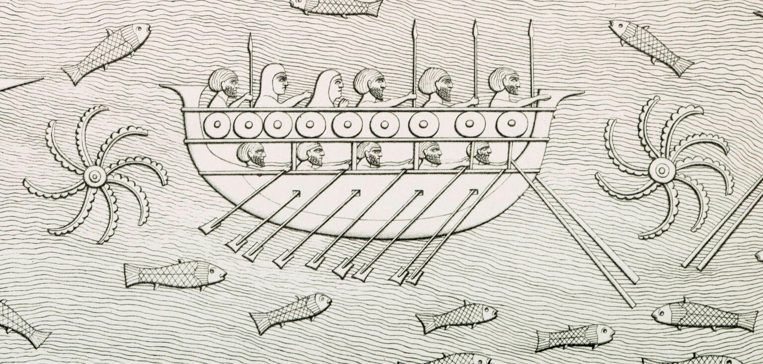 Relief of boat with several men in profile with spears inside, surrounded by water, fish, and octopuses. 