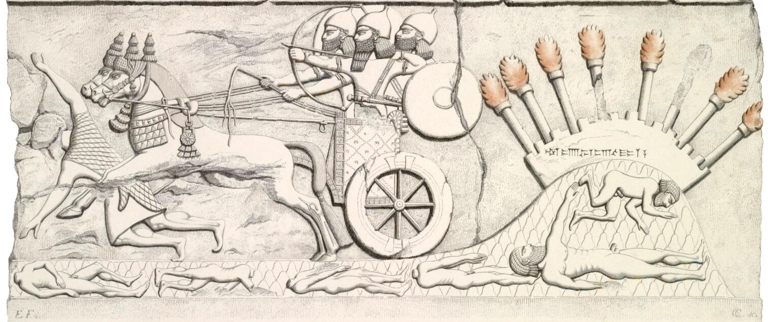 Drawing of relief of men in chariot trampling other figures. 