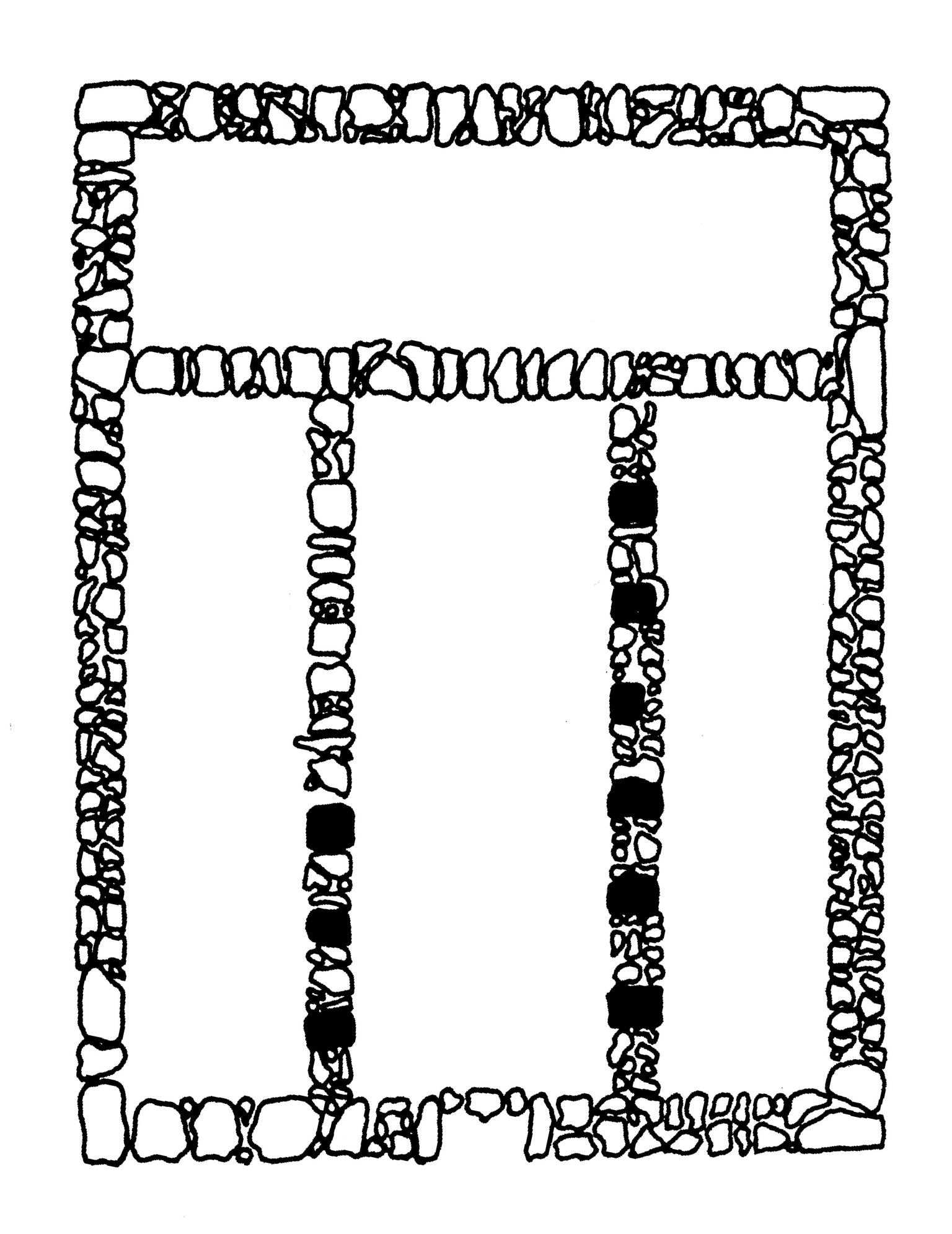 Line drawing of rectangular house plan with internal walls indicated.