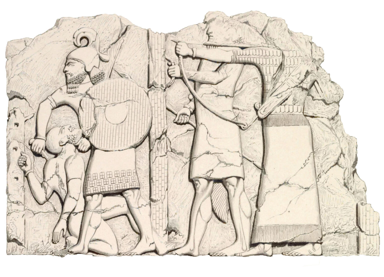 Drawing of soldier holding shield and wearing helmet killing naked man with two archers standing to the side.