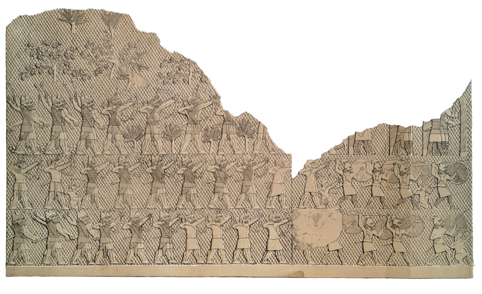 Relief of rows of archers and soldiers with shields and spears. 