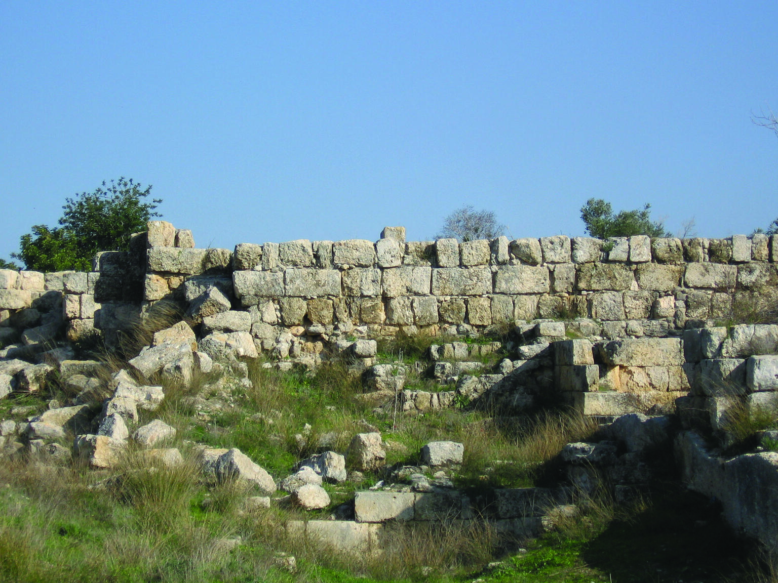 Photograph of stone wall against blue sky on grassy foreground.