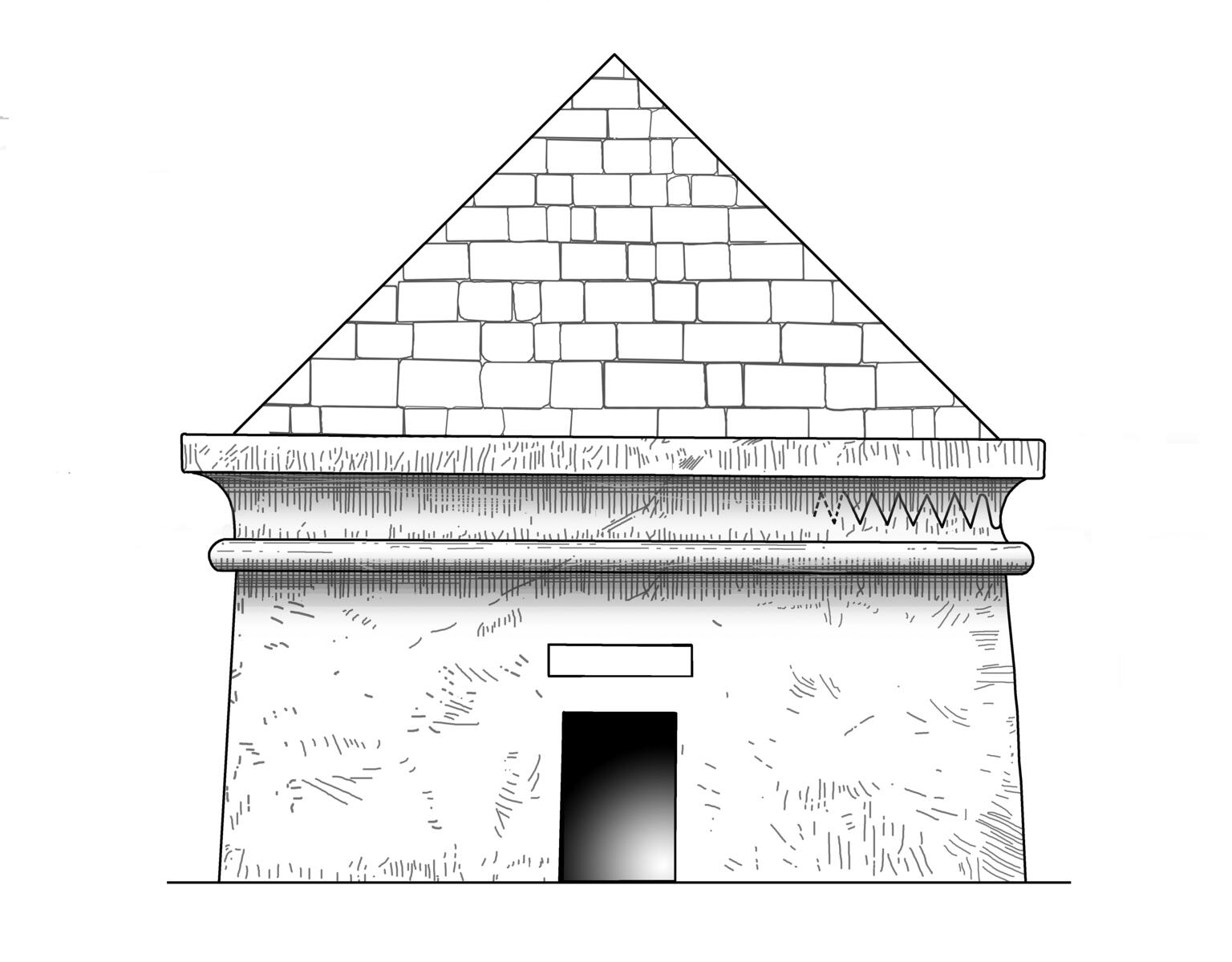 Drawing of tomb with triangular roof.