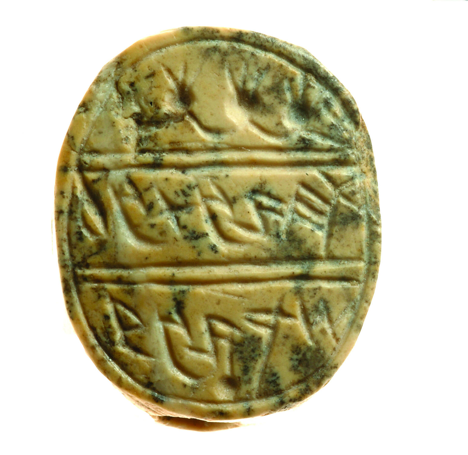 Oval seal decorated with garland and four pomegranates at top and Hebrew inscription.