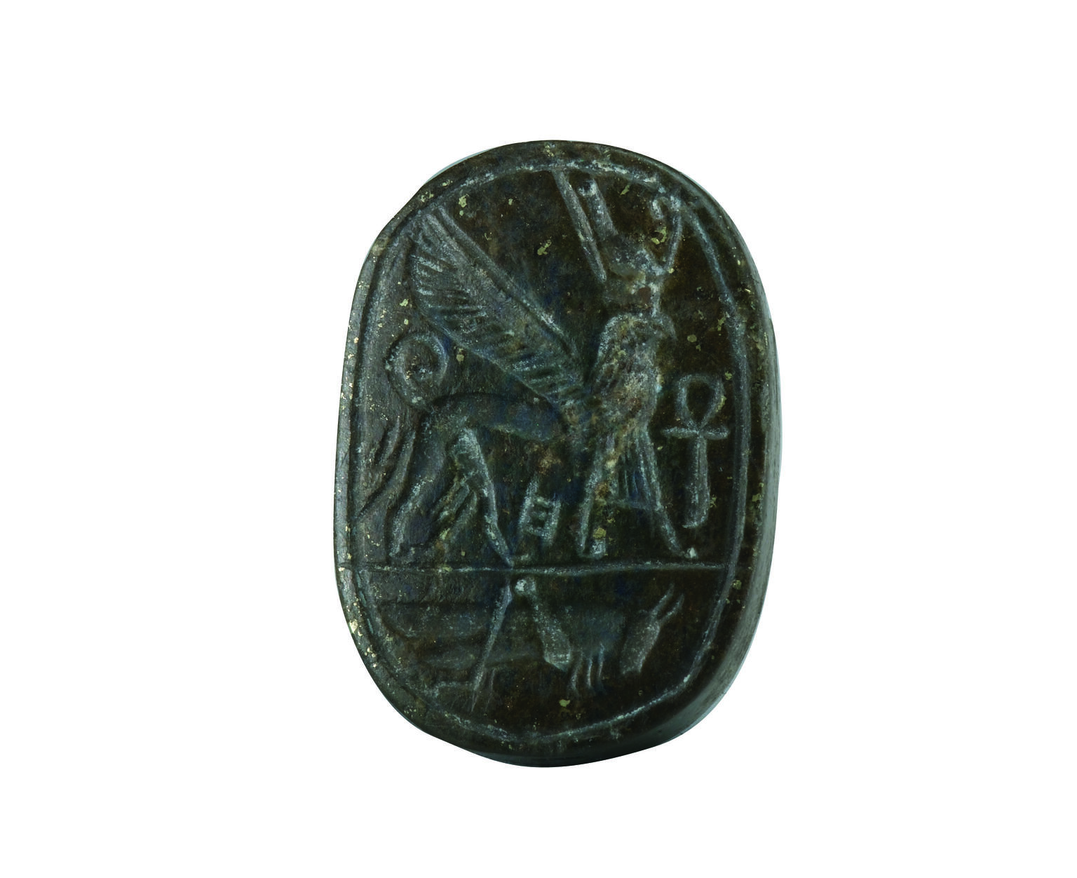 Seal with griffin wearing a kilt and double crown with ankh symbol, and locust on bottom of seal.