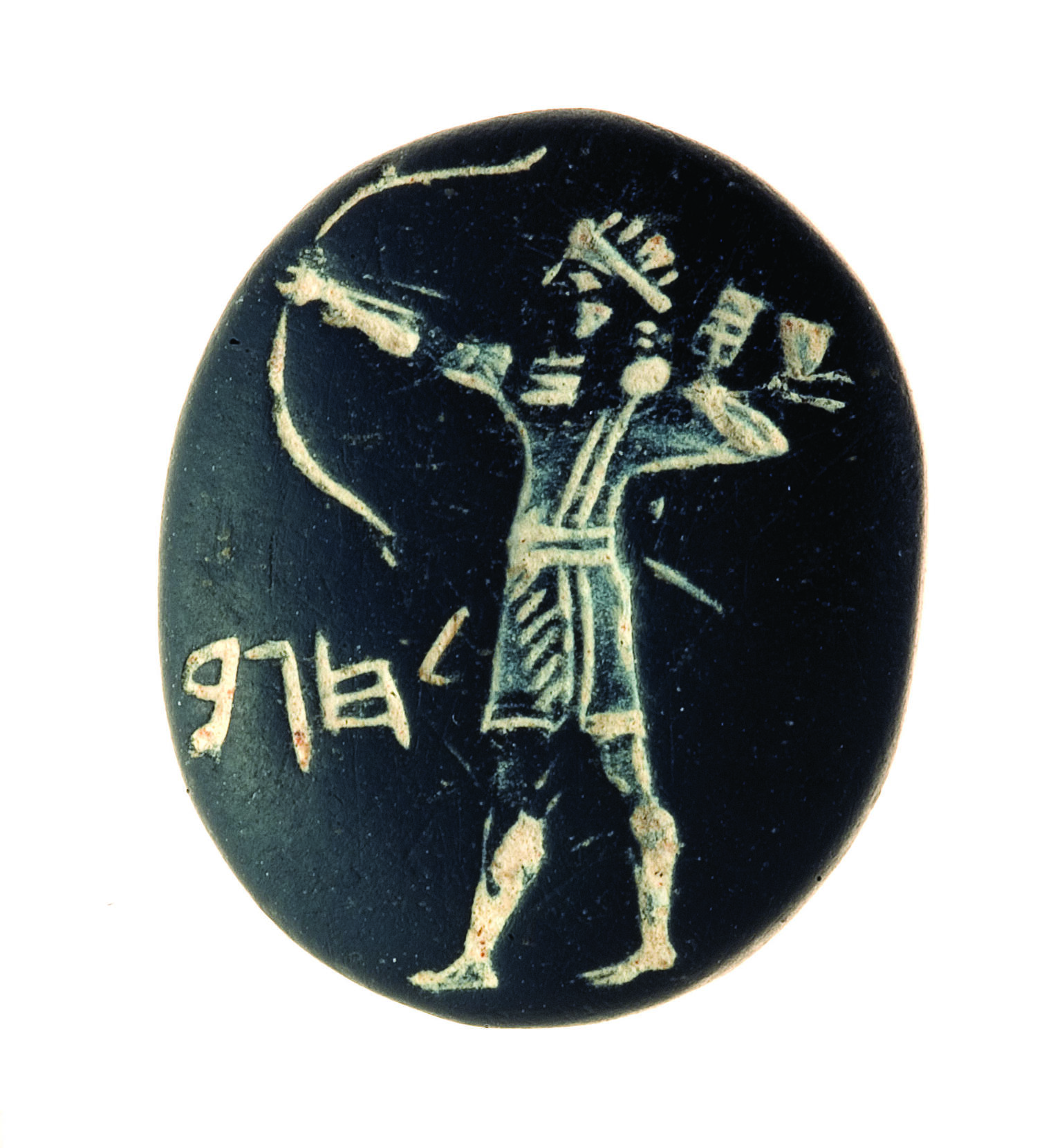 Seal with carving of archer shooting a bow and Hebrew inscription.