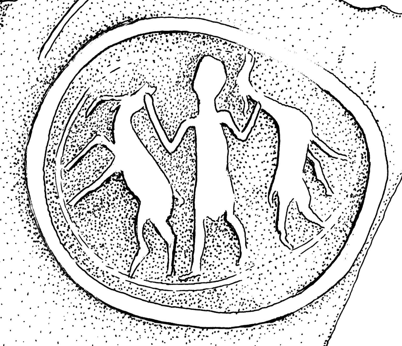 Drawing of seal impression with figure holding two ibex-like animals. Drawing of seal impression with figure holding two ibex-like animals.